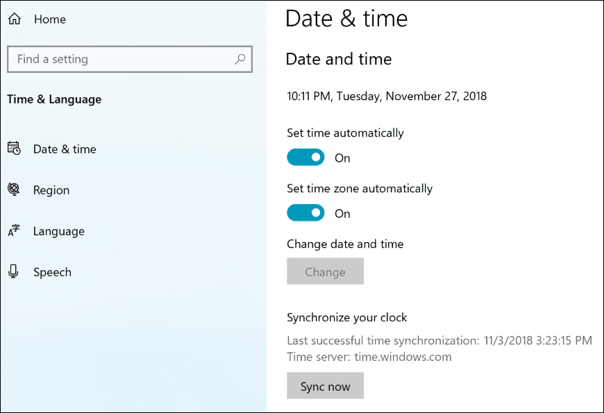 Windows 10 19H1 Nastavení hodin synchronizace