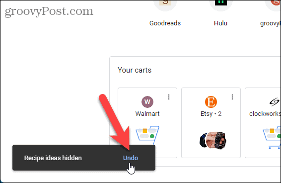 Kliknutím na Zpět skryjete nápady na recepty na stránce Nová karta Chrome