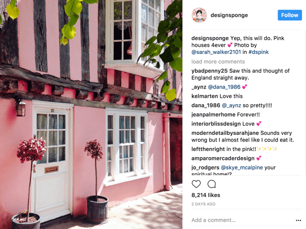 DesignSponge povzbuzuje stoupence Instagramu, aby přispívali fotografiemi na základě neustále se měnícího hashtagu, který definuje téma.