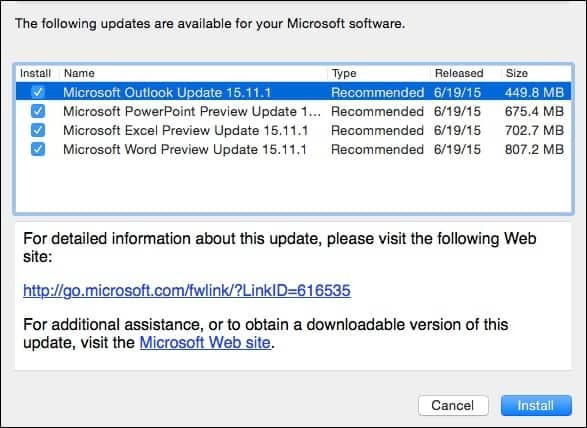 Aktualizace Microsoft Office 2016 pro Mac Náhled KB3074179
