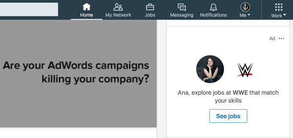 Příklad cílené dynamické reklamy na LinkedIn.