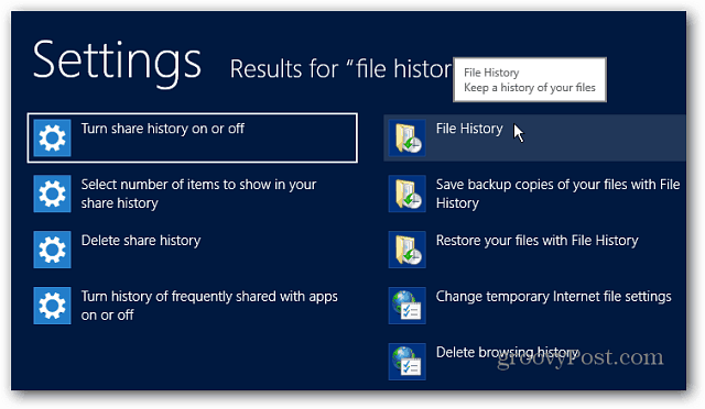 Nastavení historie souborů Vyhledejte Windows 8