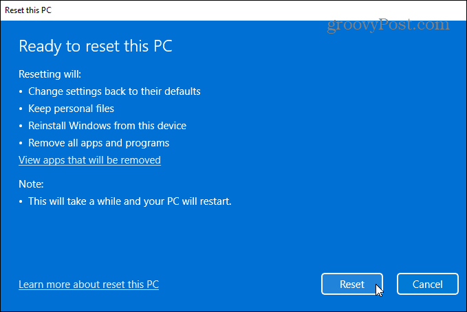 připraven k resetování Windows 11 PC