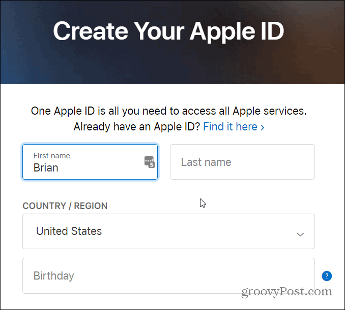 formulář pro vytvoření id apple