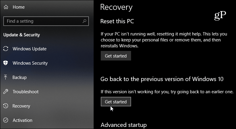 přejděte zpět na předchozí verzi systému Windows 10