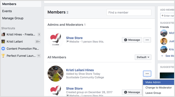 Facebook přidá profil do skupiny jako správce