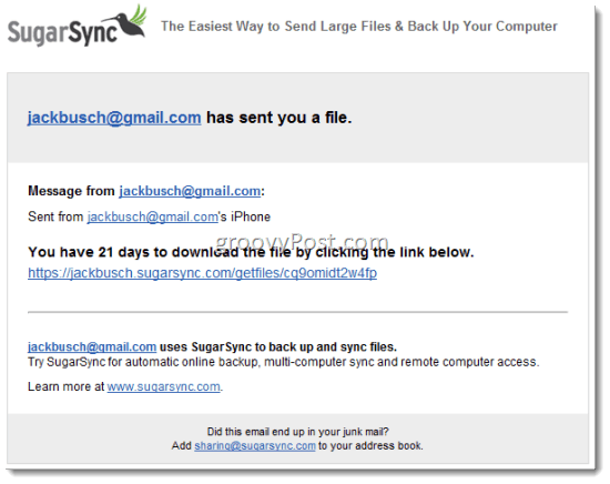 SugarSync Sdílení souborů prostřednictvím e-mailu