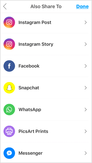 Mobilní aplikace, jako je PicsArt, umožňují sdílet vaši fotografii na Instagramu, Facebooku a dalších platformách.