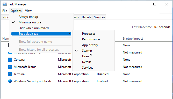 Změňte spouštěcí stránku Správce úloh v systému Windows 11