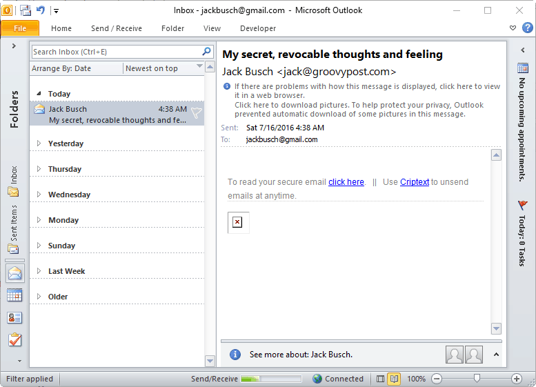 zabezpečený e-mail s criptextem v aplikaci Outlook