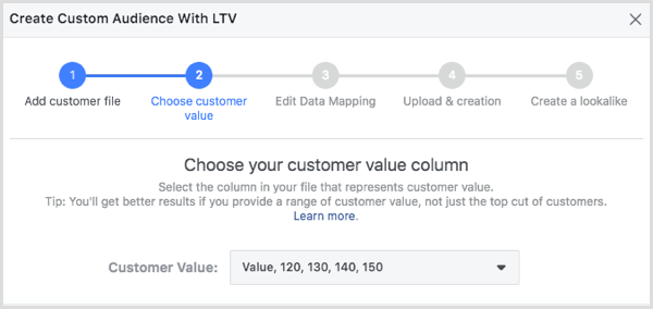 Vyberte sloupec hodnoty pro zákazníka v dialogovém okně Vytvořit publikum zákazníka pomocí LTV.