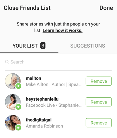 Možnost kliknout na Odebrat k odebrání přítele do vašeho seznamu Zavřít přátele na Instagramu.