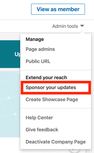 Jak vytvořit textovou reklamu LinkedIn, krok 1, Sponzorujte své aktualizace v části Nástroje pro správu