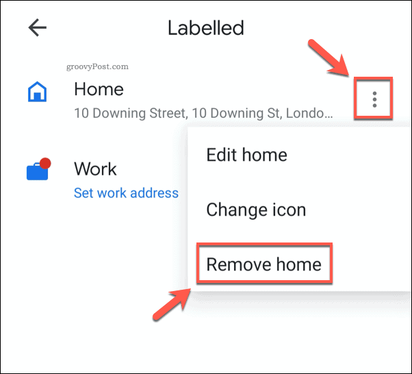Odebrání uložené adresy domova v mobilu Map Google