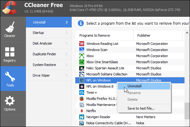 CCleaner Odinstalovat univerzální aplikace