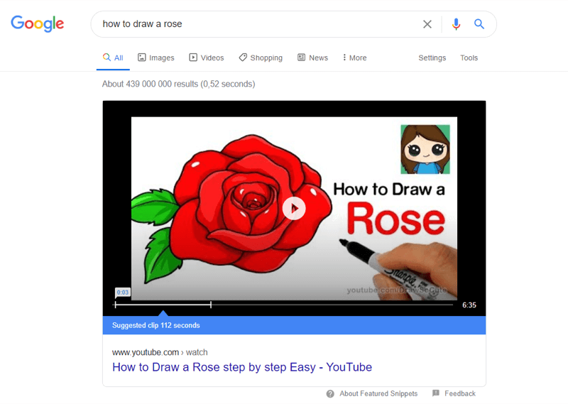 příklad nejlepšího youtube videa ve výsledcích vyhledávání Google pro „jak nakreslit růži“