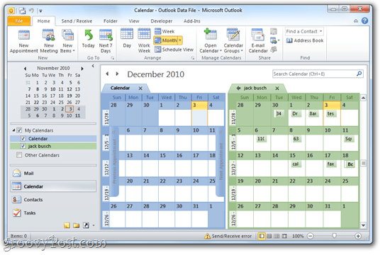 Kalendář Google / Outlook 2010 vedle sebe