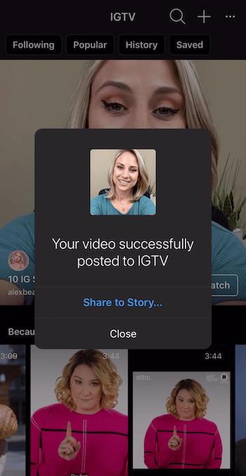 výzva ke sdílení videa IGTV s příběhy Instagramu