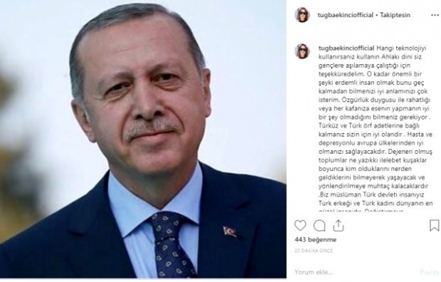 Tuğba Ekinci sdílení prezidenta Tayyipa Erdoğana