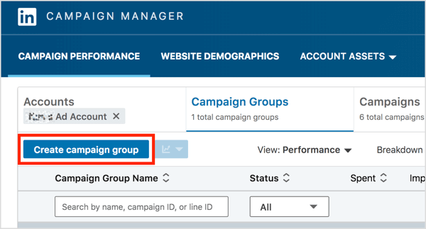 Na kartě Skupiny kampaní aplikace LinkedIn Campaign Manager klikněte na tlačítko Vytvořit skupinu kampaní.