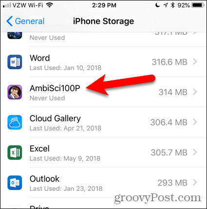Klepněte na aplikaci v iPhone Storage