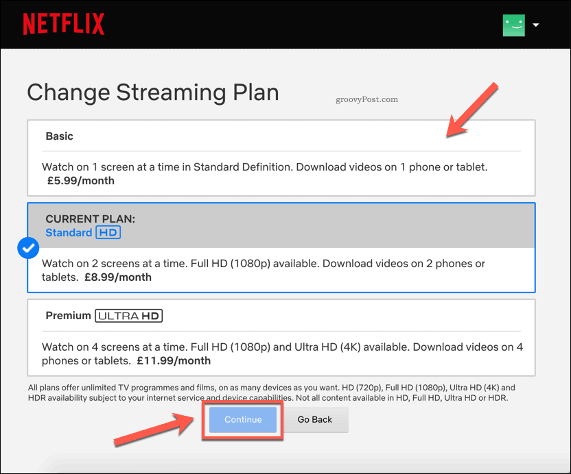 Změna plánů předplatného Netflix