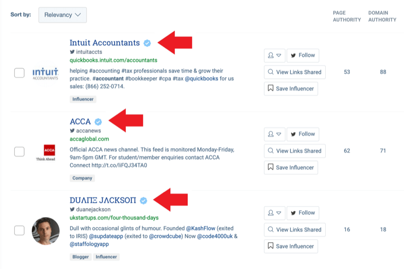 Marketingová strategie sociálních médií; Screenshot výsledků vyhledávání z nástroje pro identifikaci influencerů BuzzSumo po zadání klíčového slova „účetnictví“.