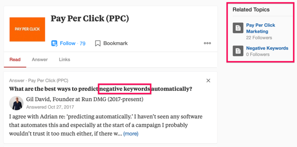 Příklad výsledku vyhledávání Quora včetně hledaného výrazu „PPC“ a fráze „vylučující klíčová slova“.