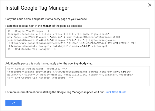 Chcete-li dokončit proces nastavení, přidejte na každou stránku svého webu dva fragmenty kódu Správce značek Google.