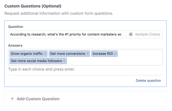 Ukázkové možnosti otázek a odpovědí na otázku pro hlavní reklamní kampaň na Facebooku.