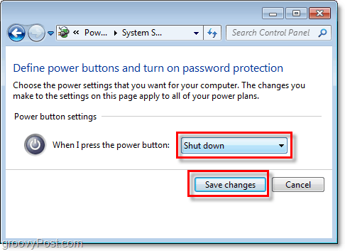 upravte, co bude tlačítko vypnutí systému Windows 7 dělat, klepnutím na tlačítko Uložit změny dokončete
