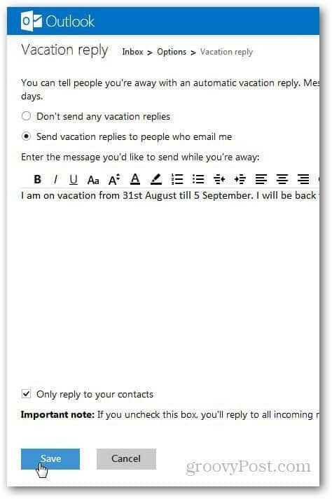 Zpráva o dovolené v aplikaci Outlook 3