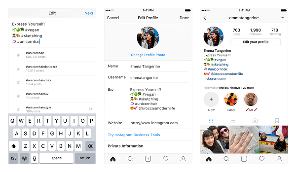 Instagram nyní umožňuje uživatelům odkazovat na několik hashtagů a dalších účtů z jejich profilových bios.