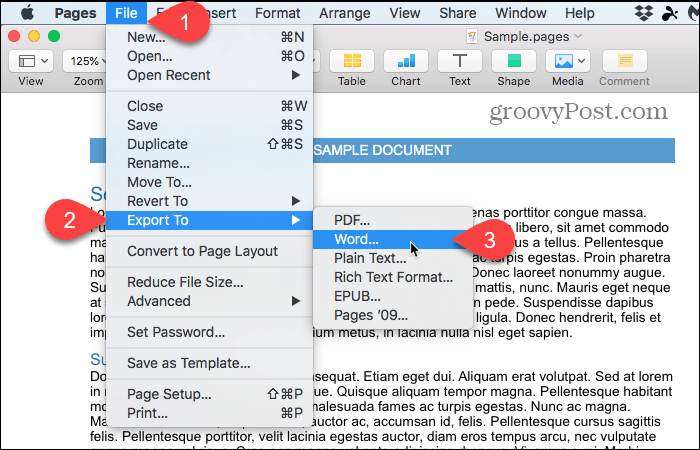 Soubor> Exportovat do> Word na stránkách Mac