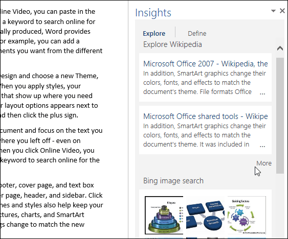 Jak používat funkci inteligentního vyhledávání s funkcí Bing v sadě Office 2016