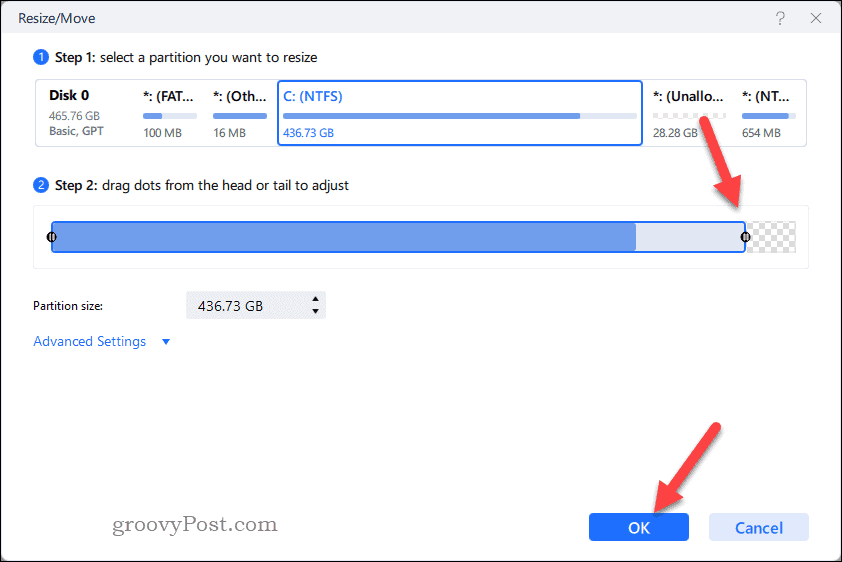 Změňte velikost oddílu v EaseUS