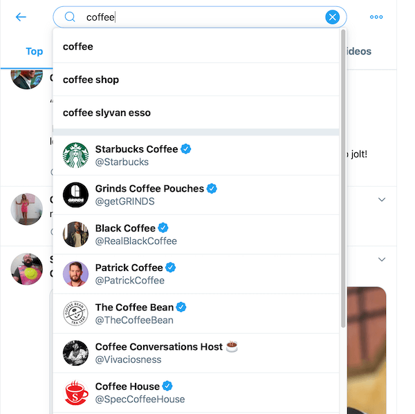 ukázka výsledků vyhledávání z vyhledávání kávy ve vyhledávacím poli twitter