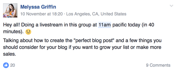 Podnikatelka Melyssa Griffinová dává svému publiku vědět, kdy bude na Facebooku.