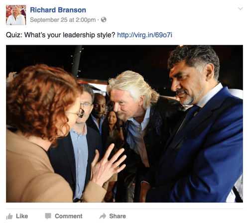richard branson facebookový příspěvek s kvízem