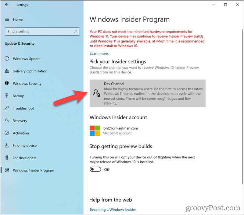 Dev kanál nastavený v nastavení programu Windows Insider Program