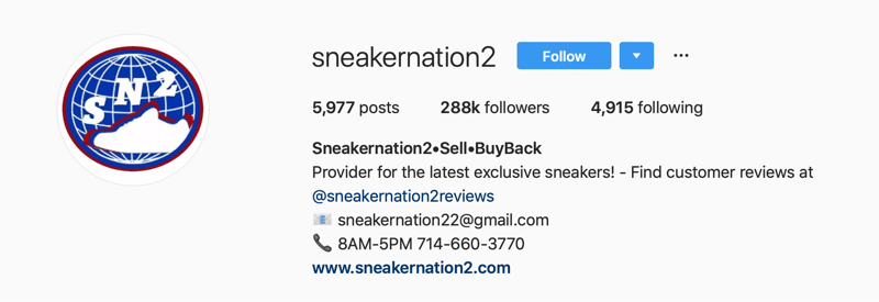 primární účet Instagram pro SneakerNation2