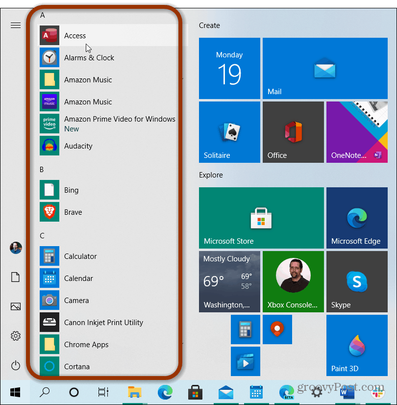 seznam aplikací nabídka Start Windows 10