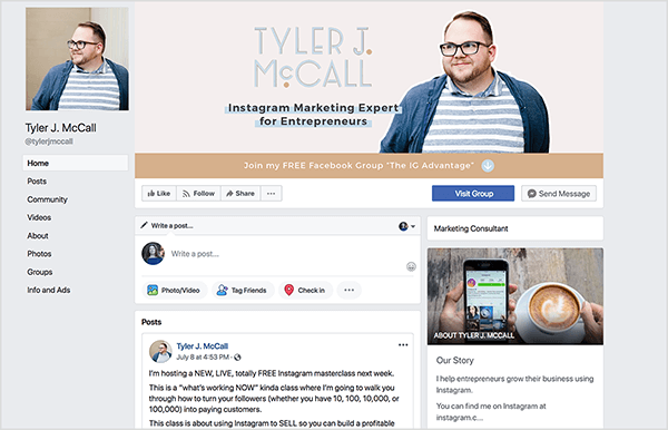 Tyler J. McCallova stránka na Facebooku obsahuje fotografii Tylera v brýlích a pruhované košili. Jeho titulní fotografie obsahuje podobnou fotografii Tylera s textem „Tyler J. McCall, odborník na marketing Instagramu pro podnikatele. Pod tímto, na opalovací liště, bílý text říká „Připojte se k mé skupině ZDARMA na Facebooku, IG Advantage“ a na konci tohoto textu se objeví šipka dolů.