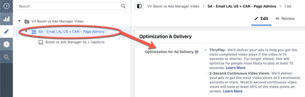 Optimalizace Facebook ThruPlay pro úpravu kampaně na 10sekundové zobrazení, krok 3.