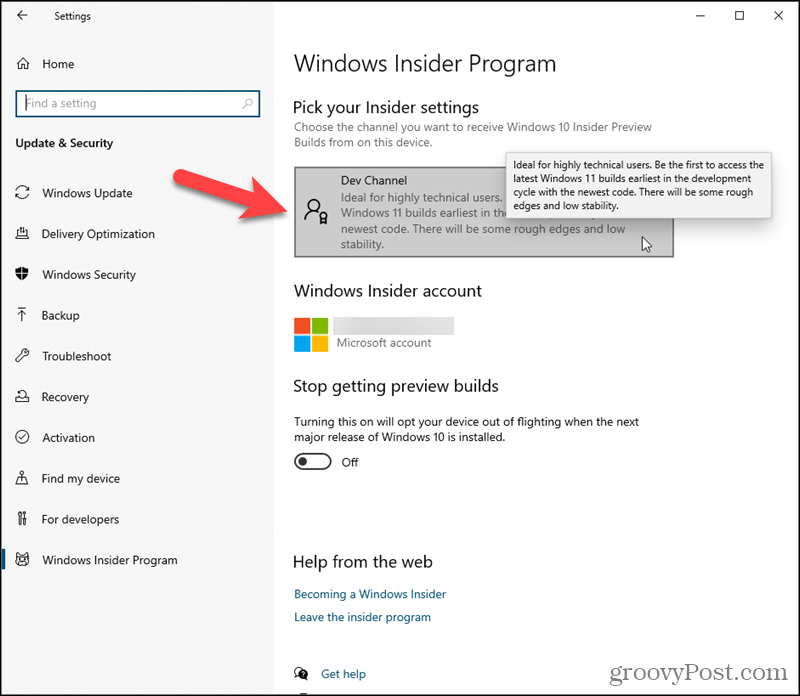 V části Vyberte nastavení aplikace Insider ve Windows 10 klikněte na Dev Channel