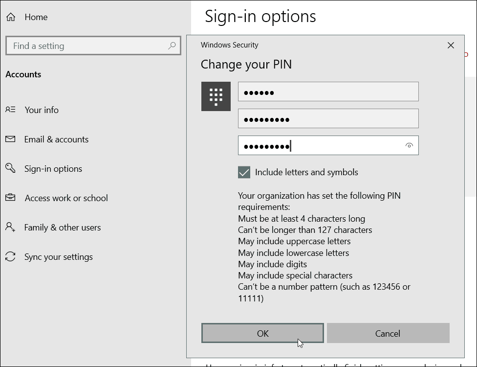 Požadavky na PIN pro speciální znaky Windows 10