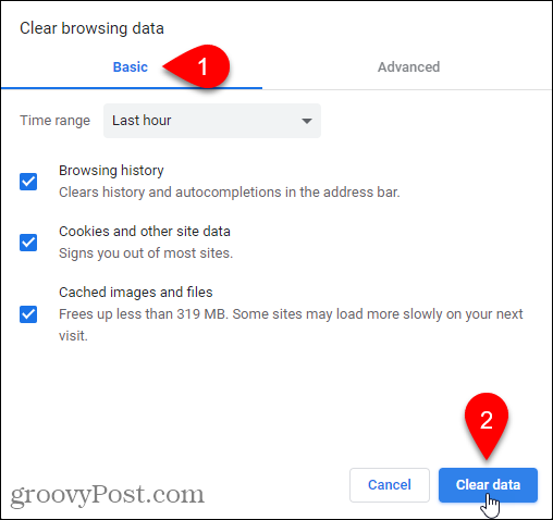 Karta Základní v dialogovém okně Vymazat údaje o prohlížení v prohlížeči Chrome