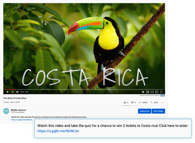 zvýrazněný popis videa na youtube s nabídkou sledovat video a využít kvíz o šanci vyhrát 2 lístky do Kostariky