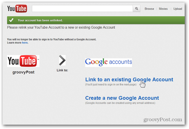 Propojení účtu YouTube s novým účtem Google - Klikněte na odkaz Propojit s existujícím účtem