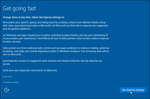 Expresní nastavení Windows 10